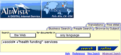 Screen shot of Alta Vista search page